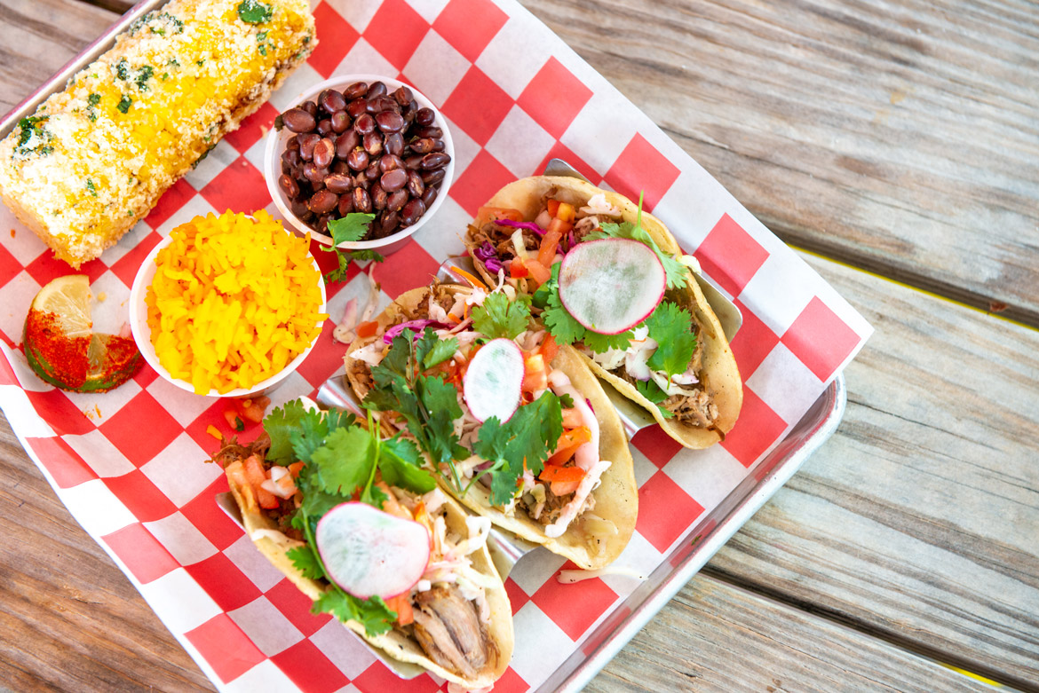 Three tacos served with black beans, rice and our signature grande roasted corn on the cob.